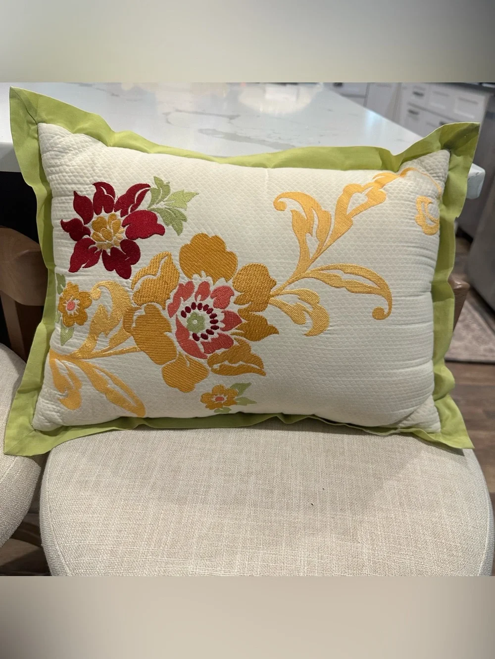 Floral Embroidered Lumbar Pillow Sage Green Ruffle Trim Boho Grandmillennial 16”
